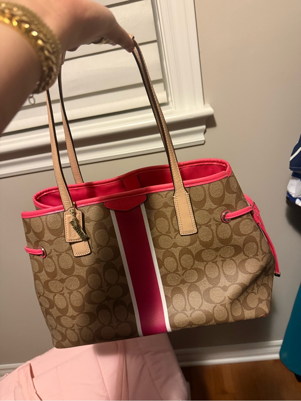 Coach Brown Signature Canvas Tote with Pink and White Stripe